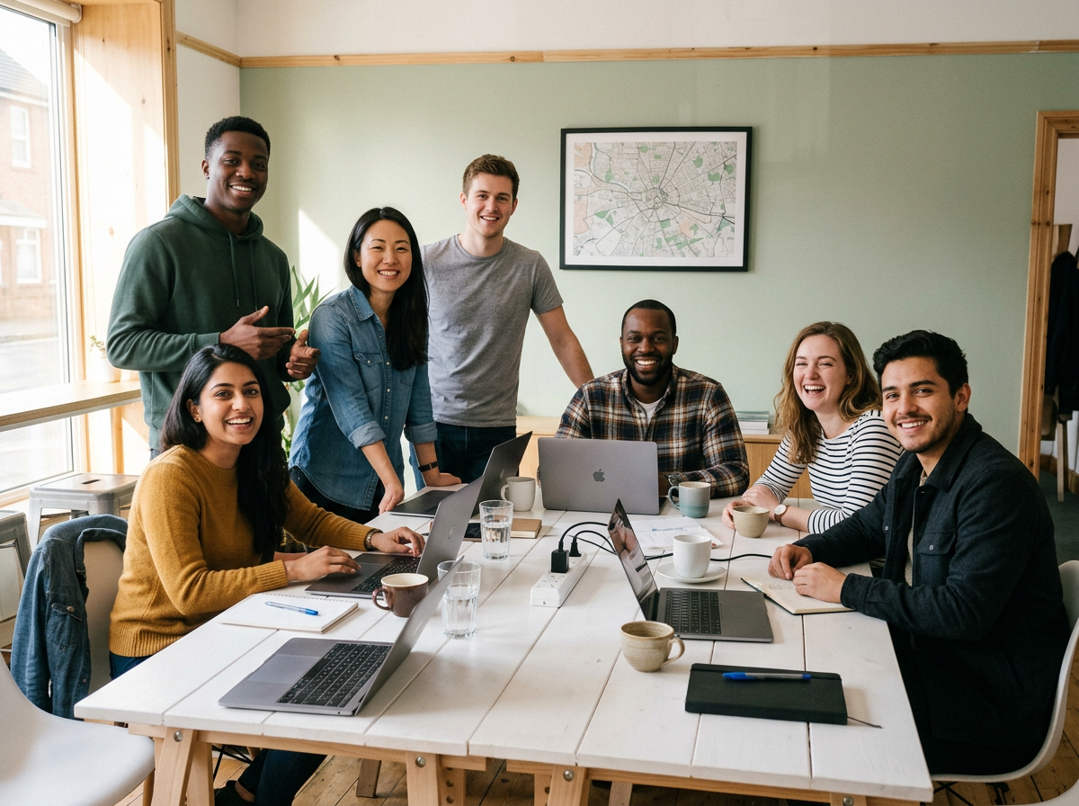 Seven people around a white table with laptops in a bright room, smiling at the camera. Generated illustration.