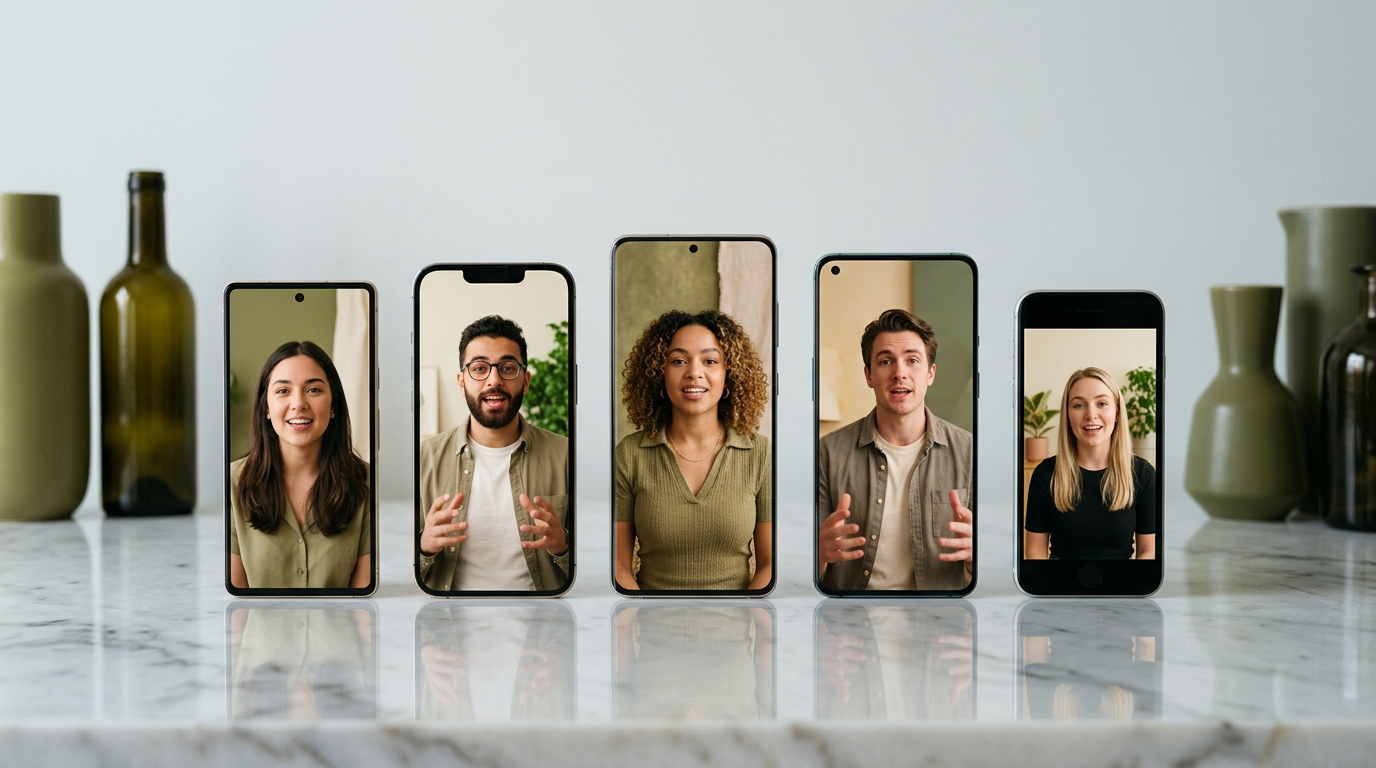Five phones standing on a marble counter, each showing a founder speaking to camera in a short video Pitch. Generated illustration.