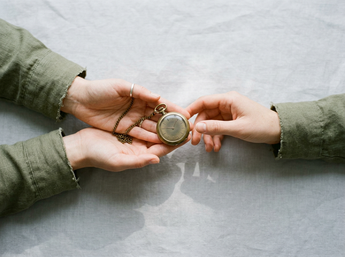Two pairs of hands passing an old pocket watch across a linen cloth. Generated illustration.