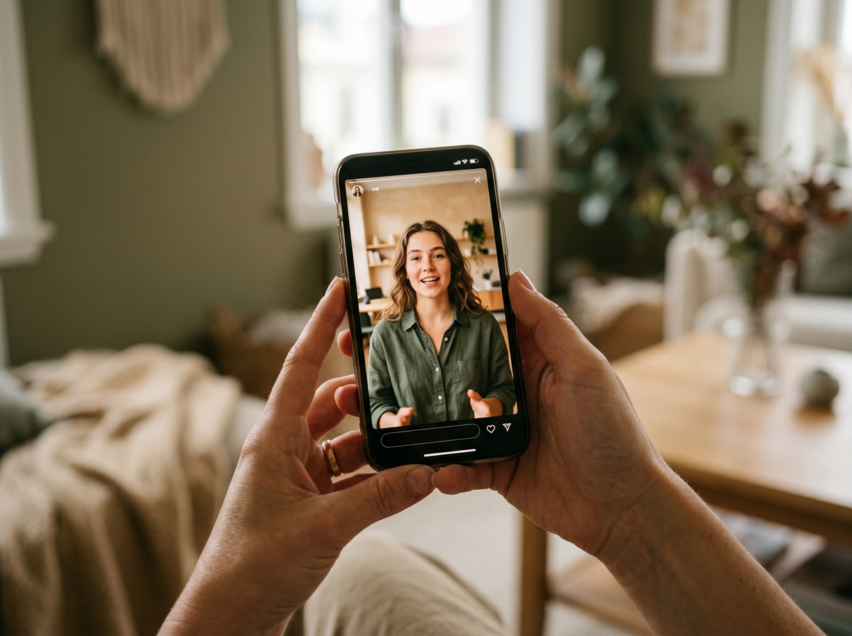 Hands holding a phone that shows a founder recording a short video Pitch at home. Generated illustration.